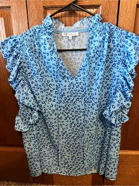 Zele Blue Leopard-Print Ruffle Sleeve V-Neck Blouse